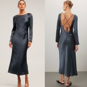 Third Form Crush Midi Dress Open Back Crisscross Ties in Gray Hammered Satin 2